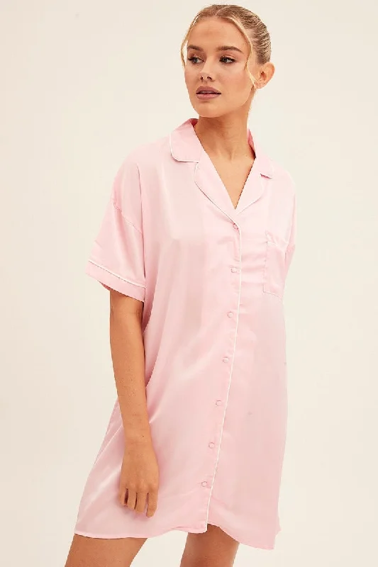 women's pajamas for yoga and meditationPink Nightgown Short Sleeve Collared Mini Satin